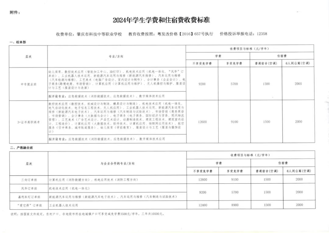 肇慶市科技中等職業學校2024年學生學費及住宿費收費標準公示